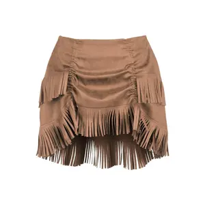 Tan Suede Ruched Bustle Skirt w/Fringe