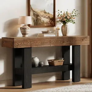 TRIBEWOOD Solid Wood Console Table With Storage For Entryway And Living Room, 63-Inch Long, Rustic Brown & Black