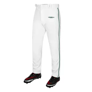 Exxact Sports Home Run Men's Baseball Pants with Piping - Full-Length, Semi-Relaxed Fit, Open-Bottom Adult Baseball Pants - (White/Dark Green Piping)