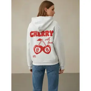 Women's Cherry & Letter Print Drop Shoulder Hoodie, Fashion Casual Drawstring Pocket Hooded Sweatshirt for Daily Holiday Outdoor Wear, Women Clothing for Fall & Winter, Graphic Print Hoodie