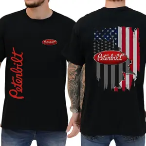 Peterbilt American Flag Trucker Tee, Premium Cotton Menswear, Patriotic Semi-Truck Prints for Drivers & Fans, Classic Unisex Top