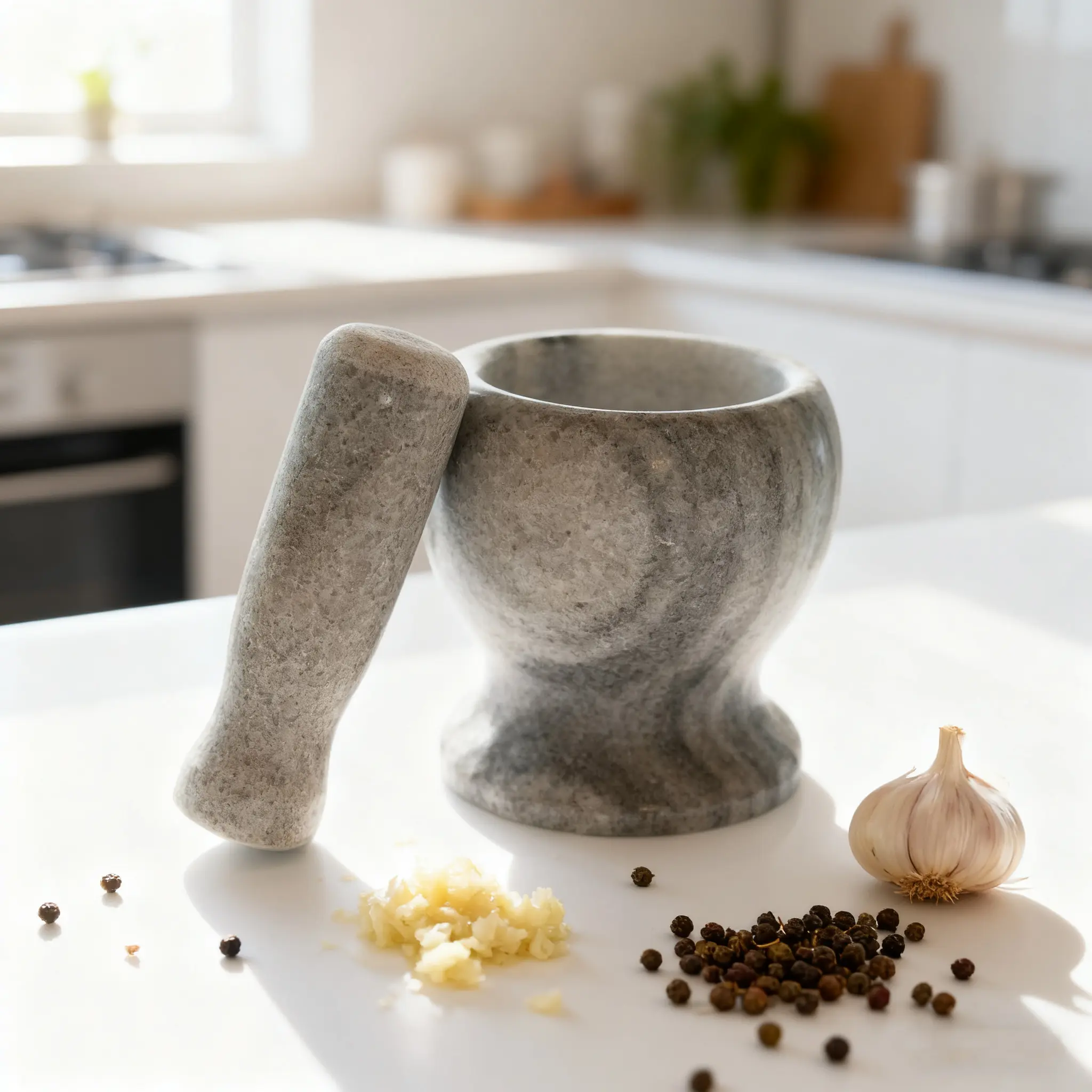 Pure Natural Marble Mortar and Pestle Set - Kitchen Gadgets for Garlic Mashing, Seasoning Spice Grinding