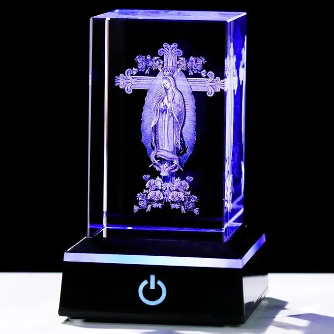 JOOMAPO Christian 3D Laser Engraved Mary Crystal Glass Statue with Colorful LED Base, Religious Home Improvement LED Light, Bedroom Night Lamp, Mother’s Day Gift for Women (for Cars Use)