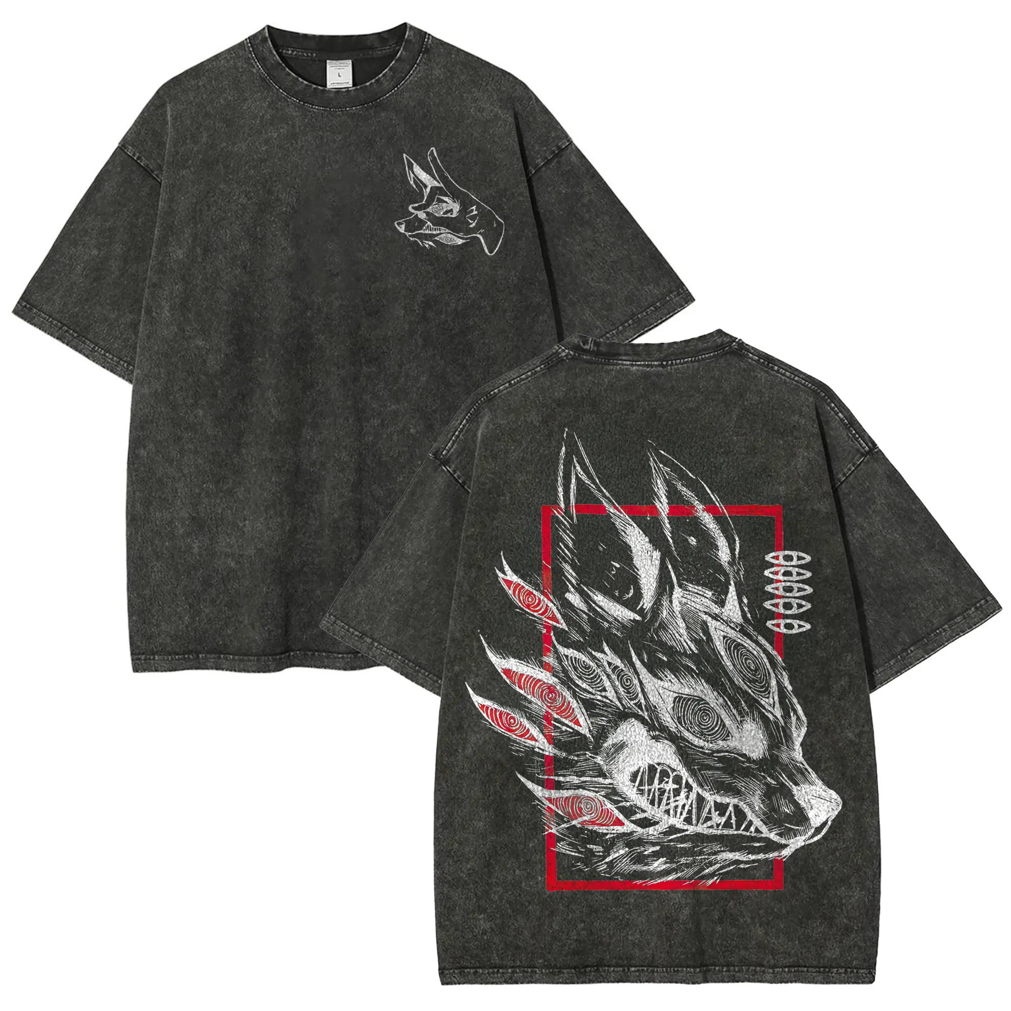 [ Washed Color] Fox Devil Shirt, Aki Hand Sign, Chainsaw Devil Shirt