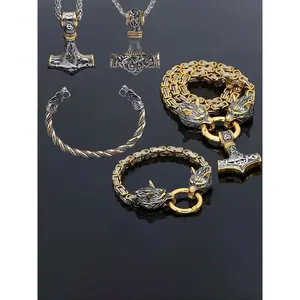 Vintage Viking Wolf Head Necklace Bracelet Set, Punk Gothic Style, Fashion Jewelry for Women & Men, Party Accessories, Gift Ideas, Couple Jewelry Set