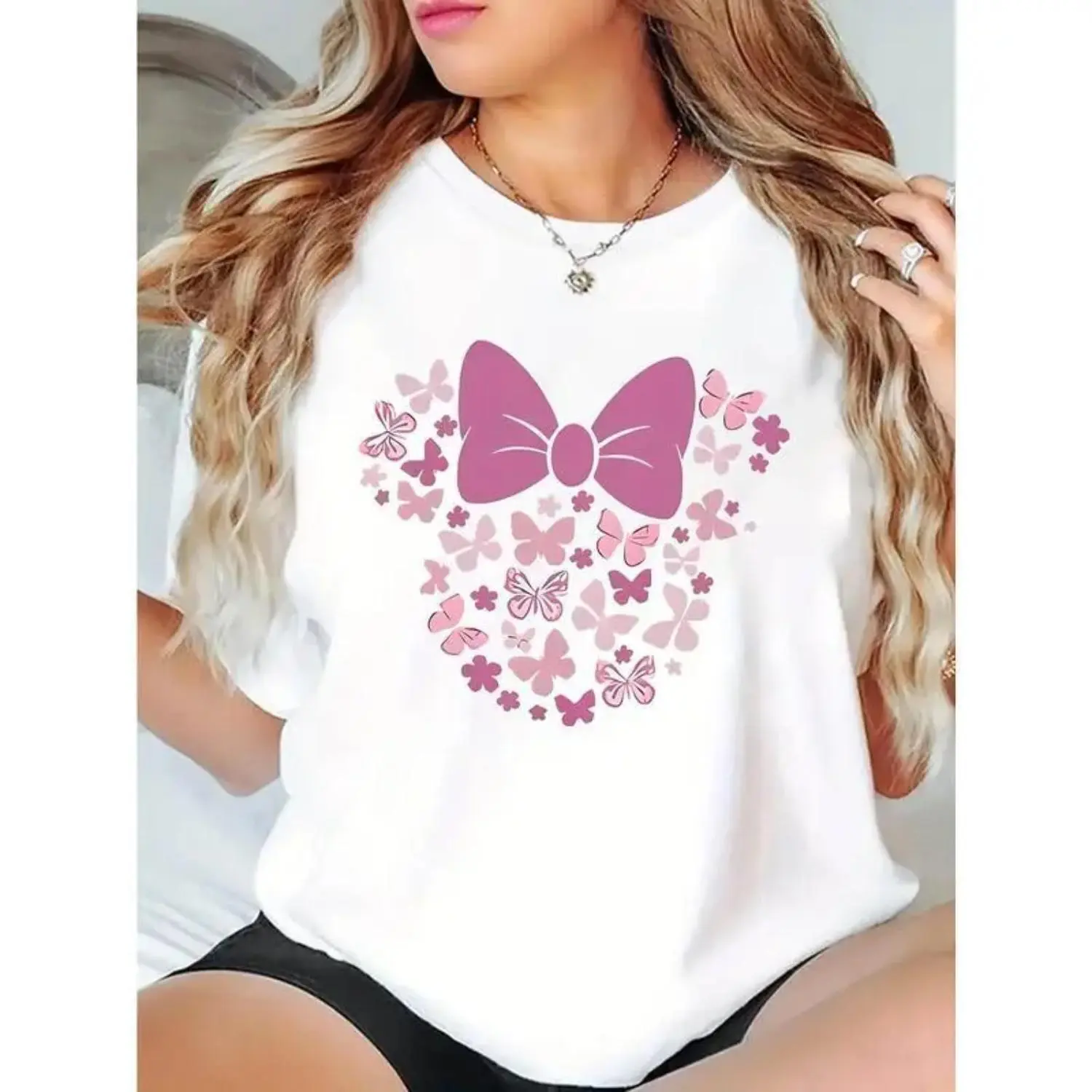Pink Butterfly Mouse Head Graphic Tee Cute Animal Print T Shirt Short Sleeve Crew Neck Casual Cotton Top All Season Comfort Fit Women's Vintage Graphic Tee Unisex Everyday Wear Summer Outfit Gift