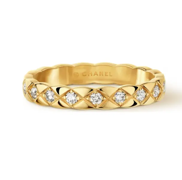 Pre-owned Chanel coco CRUSH ring，Quilted motif, mini version, 18K yellow gold, dia paved，non full set