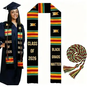 2 Pcs 2026 Kente Graduation Stole Set Magic Black Women Graduation Matter Stole Black African American Sash with Single Kente Honor Cord for Adult College Unisex Grads Celebrate