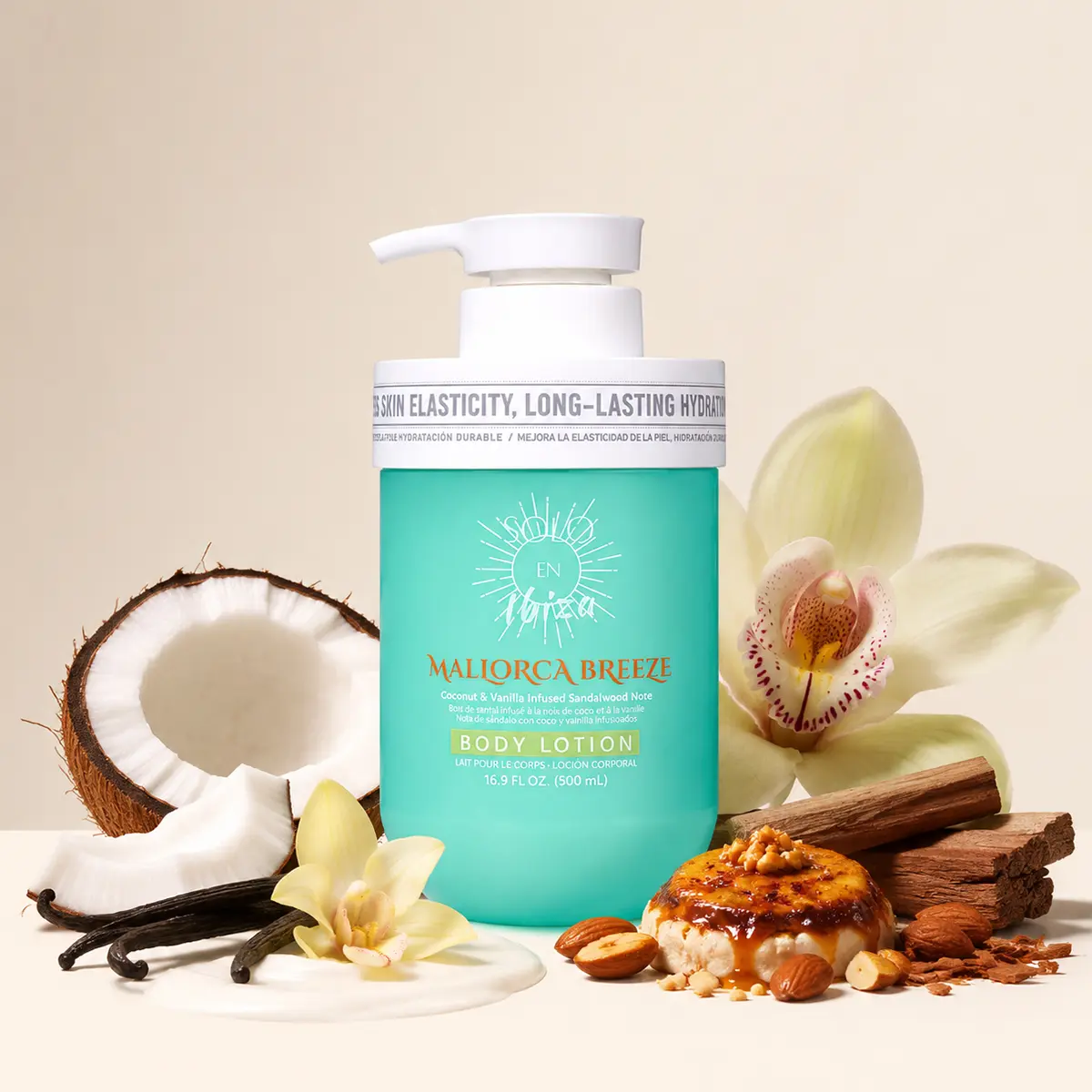 SOLO EN IBIZA Body Lotion, Moisturizing Body Care with Warm Vanilla Scents, Toasted Praline & Coconut, Daily & Cruelty Free Formula, 16.9 oz, Moisturizer, Cosmetic, Moisturizers