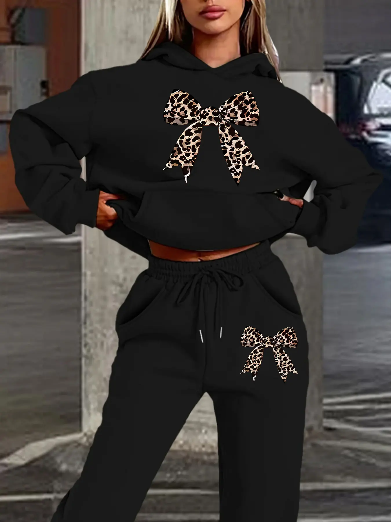 Women's Hooded Sweatshirt Set, Fall & Winter Leopard Bow Print, Sweet Cool Style, Casual Fitted Design, Jogger Pants, Daily Wear