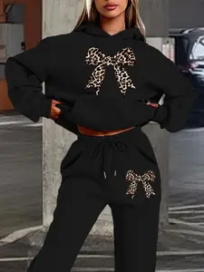 Women's Hooded Sweatshirt Set, Fall & Winter Leopard Bow Print, Sweet Cool Style, Casual Fitted Design, Jogger Pants, Daily Wear