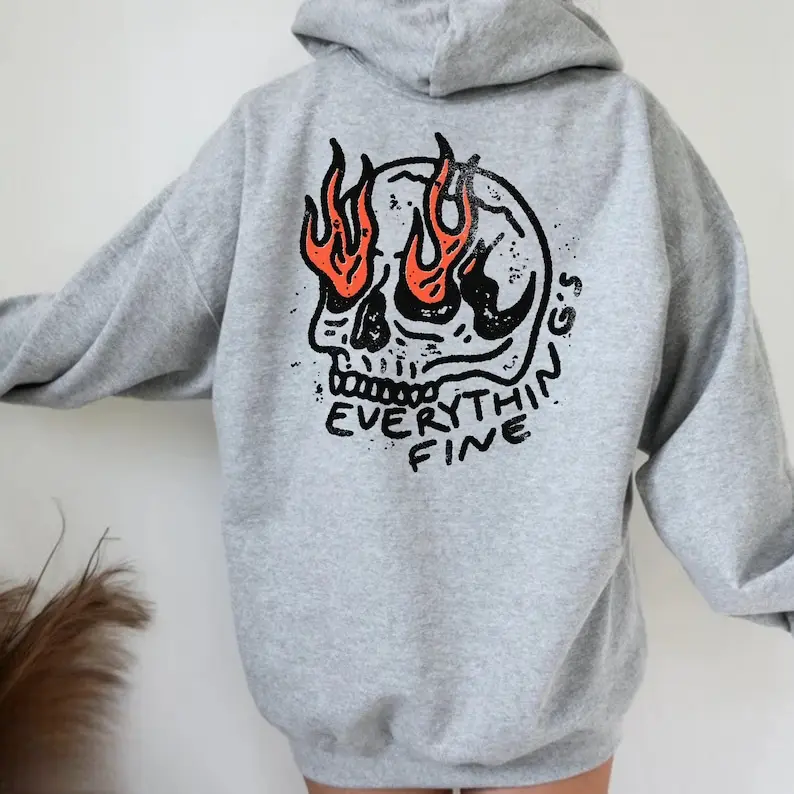 Everything's Fine Hoodie, Vintage Graphic Skull Unisex Shirt, Retro Oversized Grunge Trendy Sweatshirt, Skeleton Shirt, Its Fine Hoodie