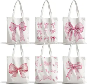 Bulk Party Favors! 6Pcs Pink Bow Canvas Bags | The Perfect Aesthetic Goodie Bags for Kids Birthday, Baby Shower & Craft Gifts -- ribbon bucket
