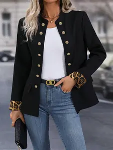 Stylish Leopard Print Long Sleeve Double-Breasted Blazer with Sequin Cuffs, Chic Design Perfect for Casual Outings and Commuting, Fashionable Jacket for Light Social Occasions
