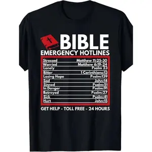 Bible Emergency Numbers T-Shirt, Funny Christian Jesus Graphic Tee for Men and Women, 100% Cotton Inspirational Scripture Humor Shirt Featuring Emergency Bible Verse References, Casual Unisex Faith-Based Top Perfect for Church, Worship, Prayer Groups, Bib