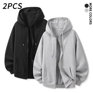 2 pcs zip up hoodies for men and women — loose, soft athletic jackets; solid color hooded tops with drawstring and pockets; multicolor set; casual streetwear basics; long sleeve sweatshirts for autumn/winter everyday home wear; great value.