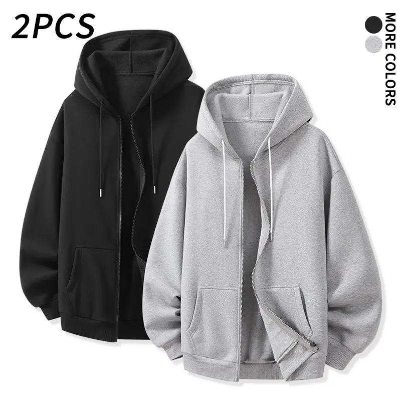 2 pcs zip up hoodies for men and women — loose, soft athletic jackets; solid color hooded tops with drawstring and pockets; multicolor set; casual streetwear basics; long sleeve sweatshirts for autumn/winter everyday home wear; great value.