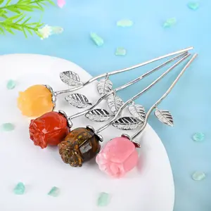 1pcNatural Crystal Carved Random Rose Ornament, Crystal Carvings, Home Desktop Decoration, Floral Valentine's Day Mother's Day Gift