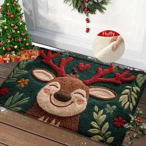 Fluffy Christmas Deer Microfiber Bath Mat, Quick-Dry & Absorbent, Festive Holiday Design, Berries & Leaves, Bathroom Drying Doormat, Soft Absorbent Mat