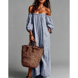 Women's Vintage Striped One-Shoulder Long Dress, Loose Fit Slimming Bubble Sleeve Off-The-Shoulder Dress, Beach Vacation Style Summer