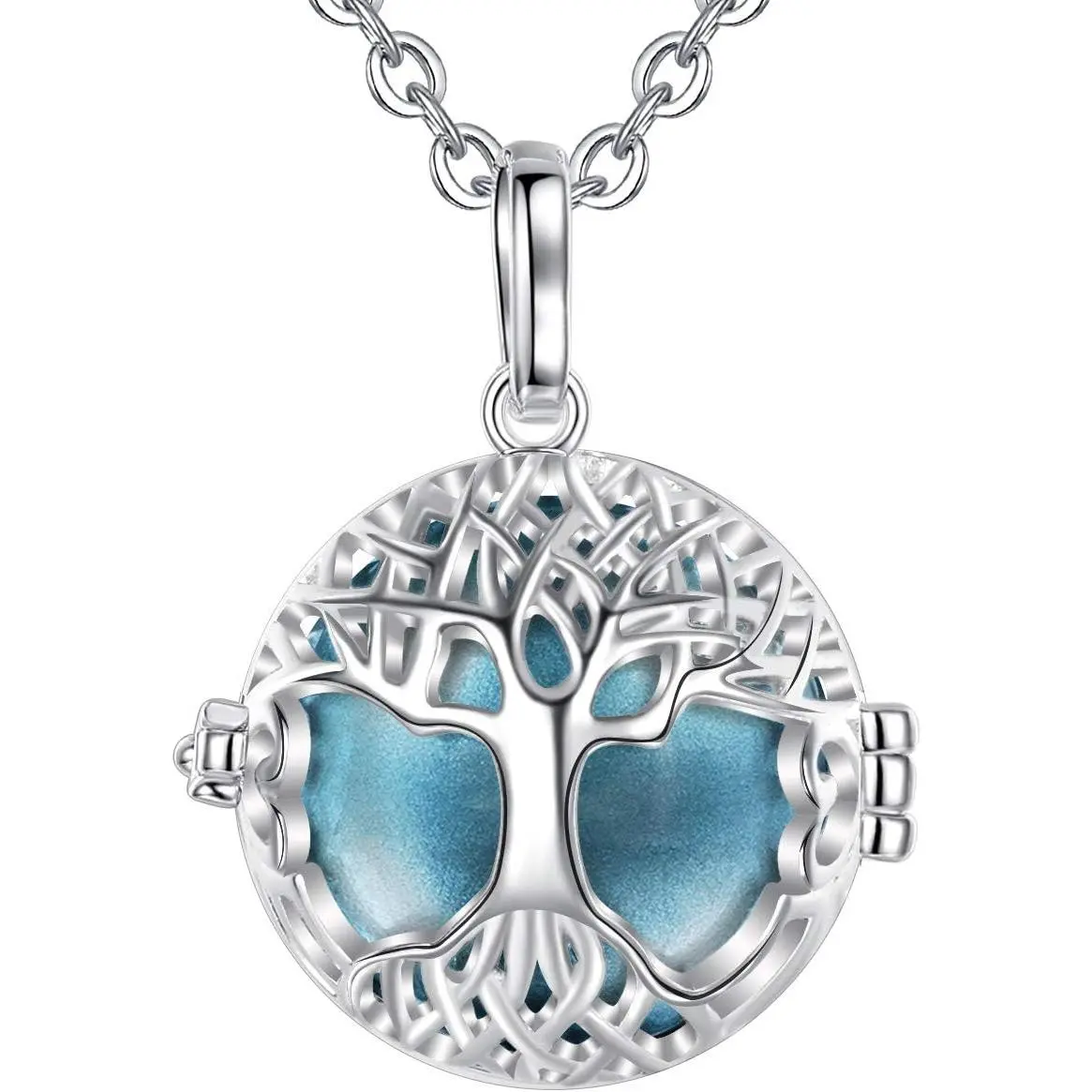 Tree of Life Harmony Ball Necklace, Silver Plated Angel Caller Locket with Soothing Chime, Motherhood Gift Set for Women with 2 Chains & Cord, Copper Balls, Two Chains