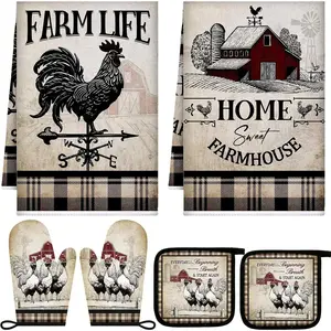 6 Barn Farm Farmhouse Kitchen Decor Dish Towels Oven Mitts and Pot Holders Sets Chicken Kitchen Towels Absorbent Decorative Accessories for Cooking Baking Grilling Bakeware Cozy Touch Rooster