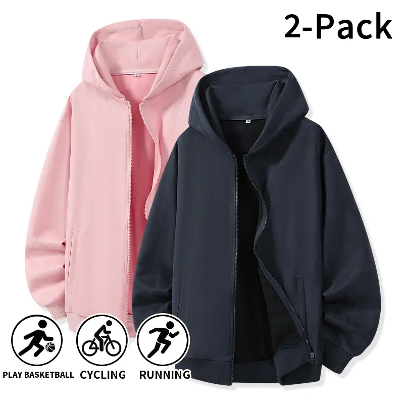 2-Pack Solid Color Full Zip Up Hooded Sweatshirts Loose Long Sleeve Casual Hoodie Jackets Soft Comfort Outerwear Suitable for Basketball Cycling Running Workout Street Daily Travel Outdoor Everyday Wear for Men dream hoodies