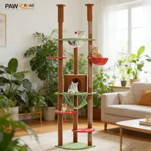 PAWZ Road Floor to Ceiling Cat Tree 92.9-101.6 inches Height Adjustable Cat Tower Tall Kitty Climbing Play House with Scratching Posts, Cozy Condo, Perches and Large Hammock for Indoor Cats Gray Vertical Scratcher