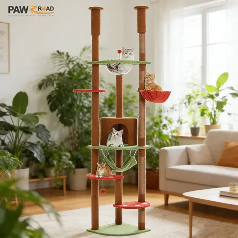 PAWZ Road Height-Adjustable Floor-to-Ceiling Cat Tree (18.9"X18.9"X92.9~101.6""), Tall Tower with Scratching Posts, Cozy Condo, Perches, Large Hammock, Elevated Acrylic Nest, Vertical Scratcher for Indoor Felines, Gray - Free Replacement for Parts