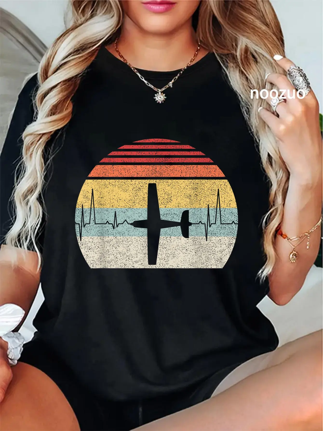100% Cotton Vintage Retro Airplane Pilot Pilot Heartbeat T-Shirt