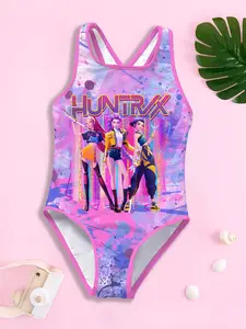 Girls' one-piece swimsuit "HUNTRX Girl Group Pink Ink Style" features pink-purple splashes and girl group prints, which are unique and eye-catching, ideal for young girls, fully enhancing the summer water-play atmosphere~