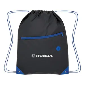 Honda Color Pop Drawstring Bag Royal Blue with Logo and Blue Accents Sports Backpack for Athletic Use Large Front Zippered Pocket Built-in Earbud Slot Reinforced Eyelets Drawstring Closure 210D Polyester Material
