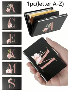 1pc -6 Card Slots Slim Card Case Rose Gold Initial Name A To Z Pattern Wallet ID Bank Credit Card Holder Business Card Holder Minimalist Thin Aluminium Metal Wallets Bank Card Box RFID Women Purse Men Metal Card Holders Organizer
