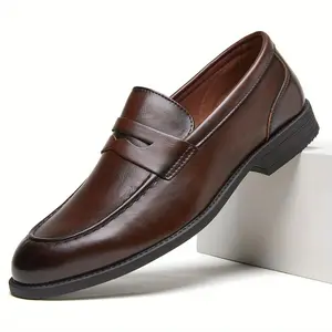 Brown Leather Loafer Shoes for Men - Classic Penny Loafer Style with Comfortable Low Heel