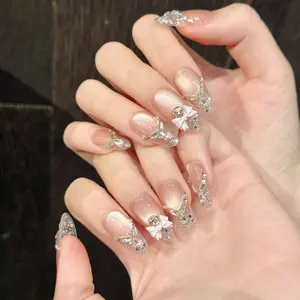 Almond Shape Pure Desire Nails, Sweet French Cat Eye Bow Nail Art, Sparkling Rhinestones, Acrylic False Nails, Suitable for Women and Girls