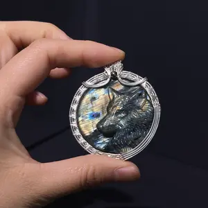Alpha Wolf Labradorite Carving Copper Wire-Wrapped Pendant-Handmade Wire-Wrapped Wolf Totem Pendant