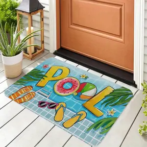 Summer Pool Flip Flops Beach Ball Pattern Welcome Mat Non Slip PVC Backing Polyester Flannel Machine Washable Indoor Outdoor Entryway Rug For Home Kitchen Pool Bathroom Bedroom Living Room Decor set