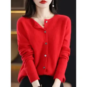 New Fashion Spring 100% Merino Wool Womens O-neck Cardigan Cashmere Sweater 2024 Female Clothing Grace Knitwear Korean Tops