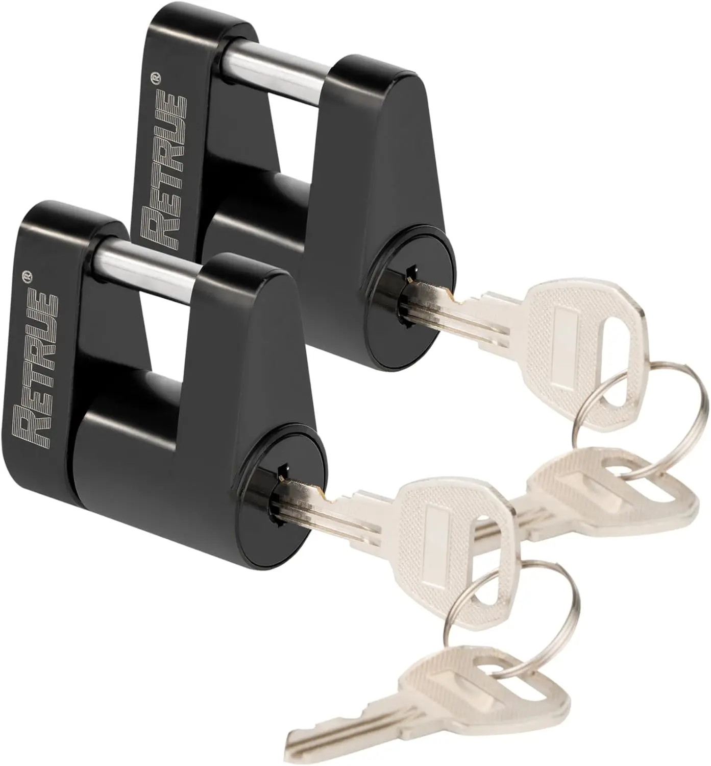 RETRUE Locking Trailer Hitch Tongue Coupler Lock, Black 2-Piece Keyed Alike Towing Accessory That Includes Keys