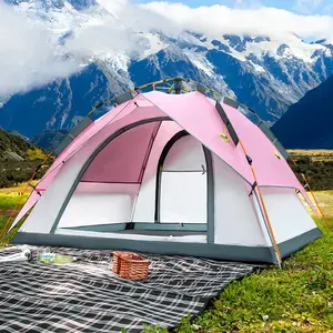 4-5 People Large Capacity Family Camping Tent, Quick Setup Instant Pop Up Double Layer Foldable Tent, Pink & Green Waterproof Windproof Tent for Outdoor Camping Hiking