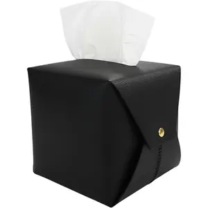 Tissue Box Cover Square Leather Tissue Holder Organizer with Side Openings for Bathroom Vanity Tabletop Office (1Pack-Black)