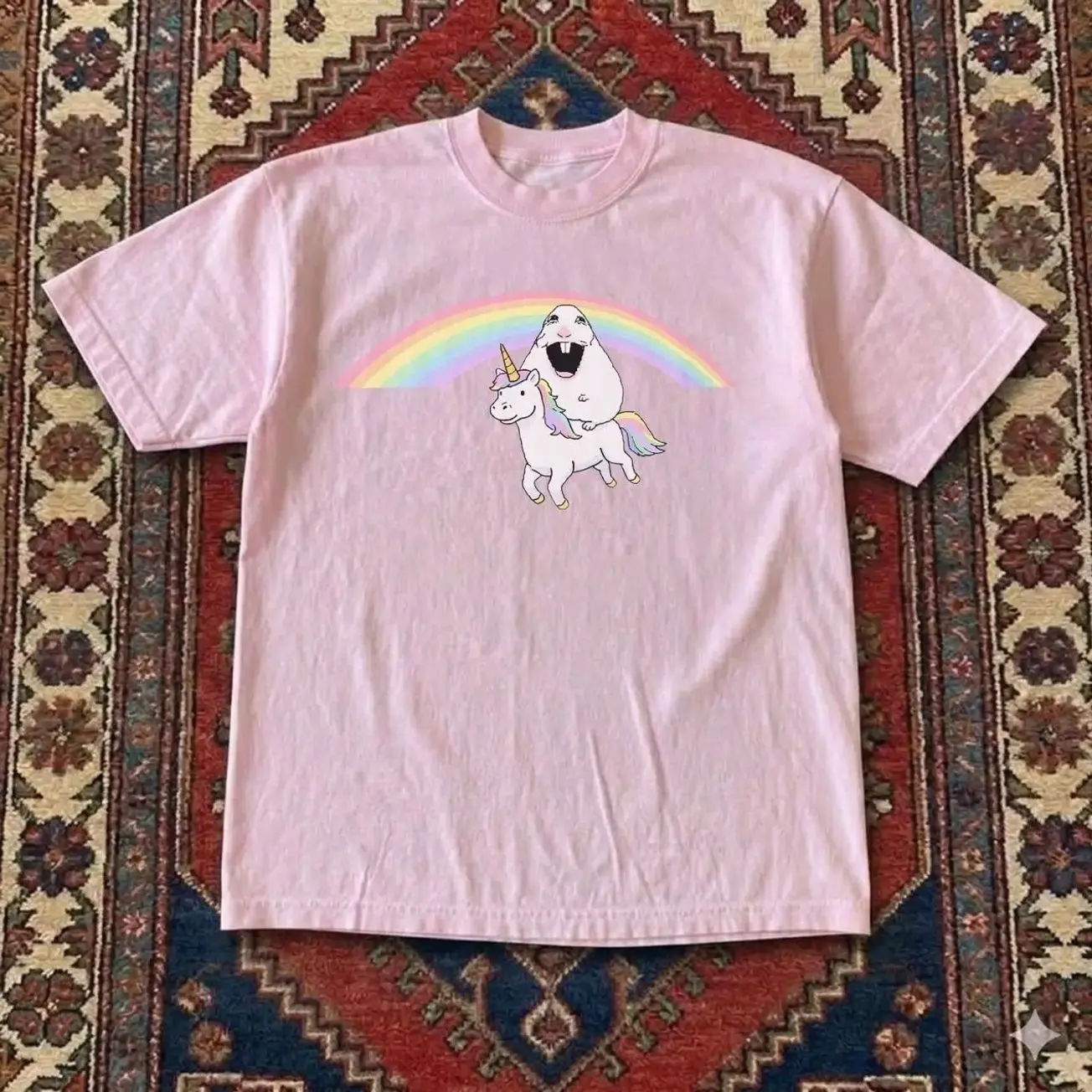 Funny Screaming Hamster Riding Unicorn Rainbow Graphic T shirt and Baby Tee | Vintage Y2K Internet Meme Cartoon Streetwear | Cute Kidcore Novelty Tee A750