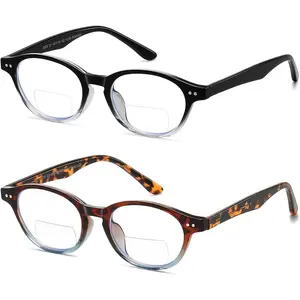 Bifocal Reading Glasses Women Blue Light Computer Progressive Readers Fashion Round Nerd Retro Clear Top Designer Stylish Cute Ladies Oval No Line Eyewear Black Leopard 2 pack LK6023 +300