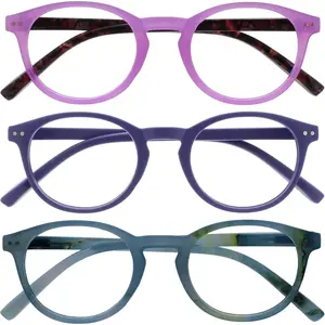 Reading Glasses 3 Pack Cool Round Frame Spring Hinges Scratch Resistant Shiny Pink Matte Purple Turquoise Mens Womens RRR24-45Q +3.50
