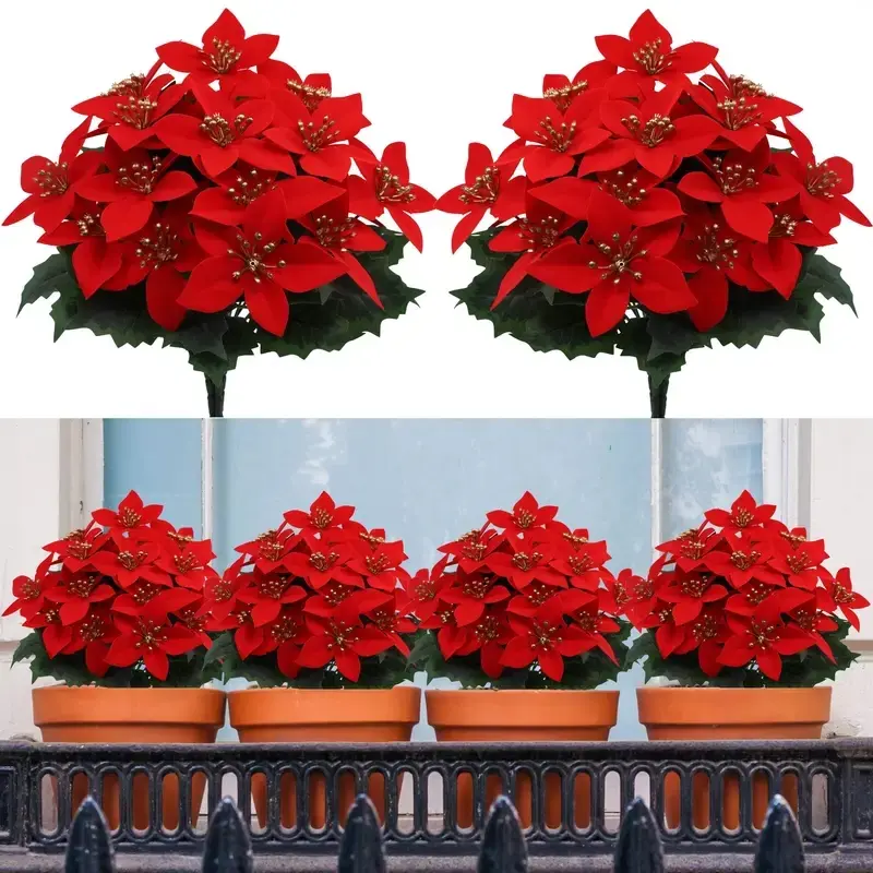 15 simulated red flowers, 7 realistic Christmas trees, home decorations, holiday decorations (Christmas), Artificial Flowers For Outside, no maintenance required, durable fake flowers, Durable plastic flower