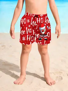 Boys' Hoho Christmas Beach Shorts, Fun Street Dance Santa Print, Quick-Dry Half-Length Pants, Casual Slim Fit, Drawstring Waist