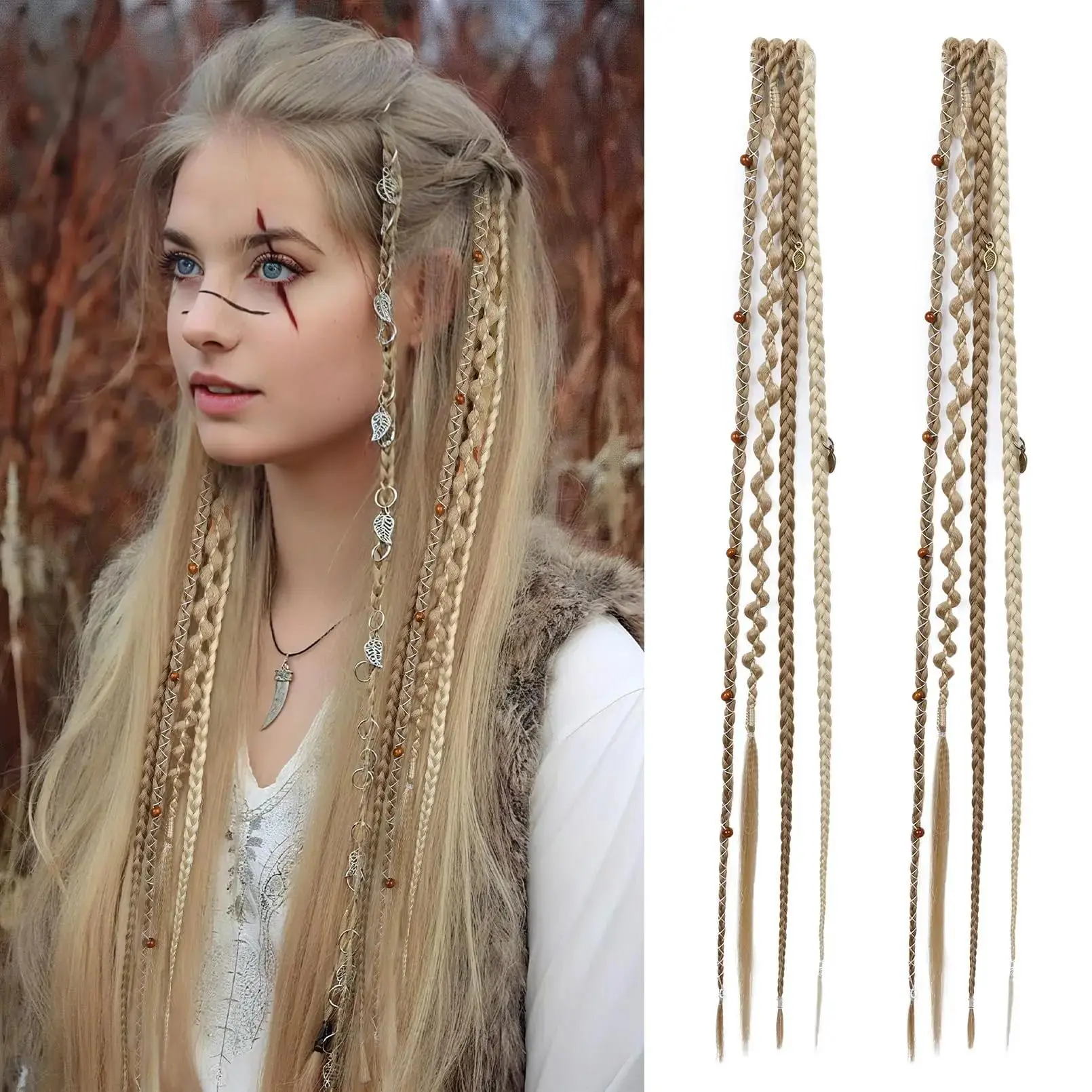 Boho Dreadlock Clip in Hair Extensions with Beads and Charms, 16" 20" Synthetic Braided Hairpieces for Women Cosplay Daily, Dark Chocolate Brown Mixed Copper