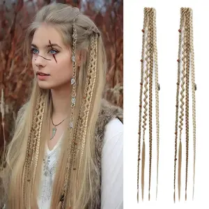 Boho Dreadlock Clip in Hair Extensions with Beads and Charms, 16" 20" Synthetic Braided Hairpieces for Women Cosplay Daily, Dark Chocolate Brown Mixed Copper