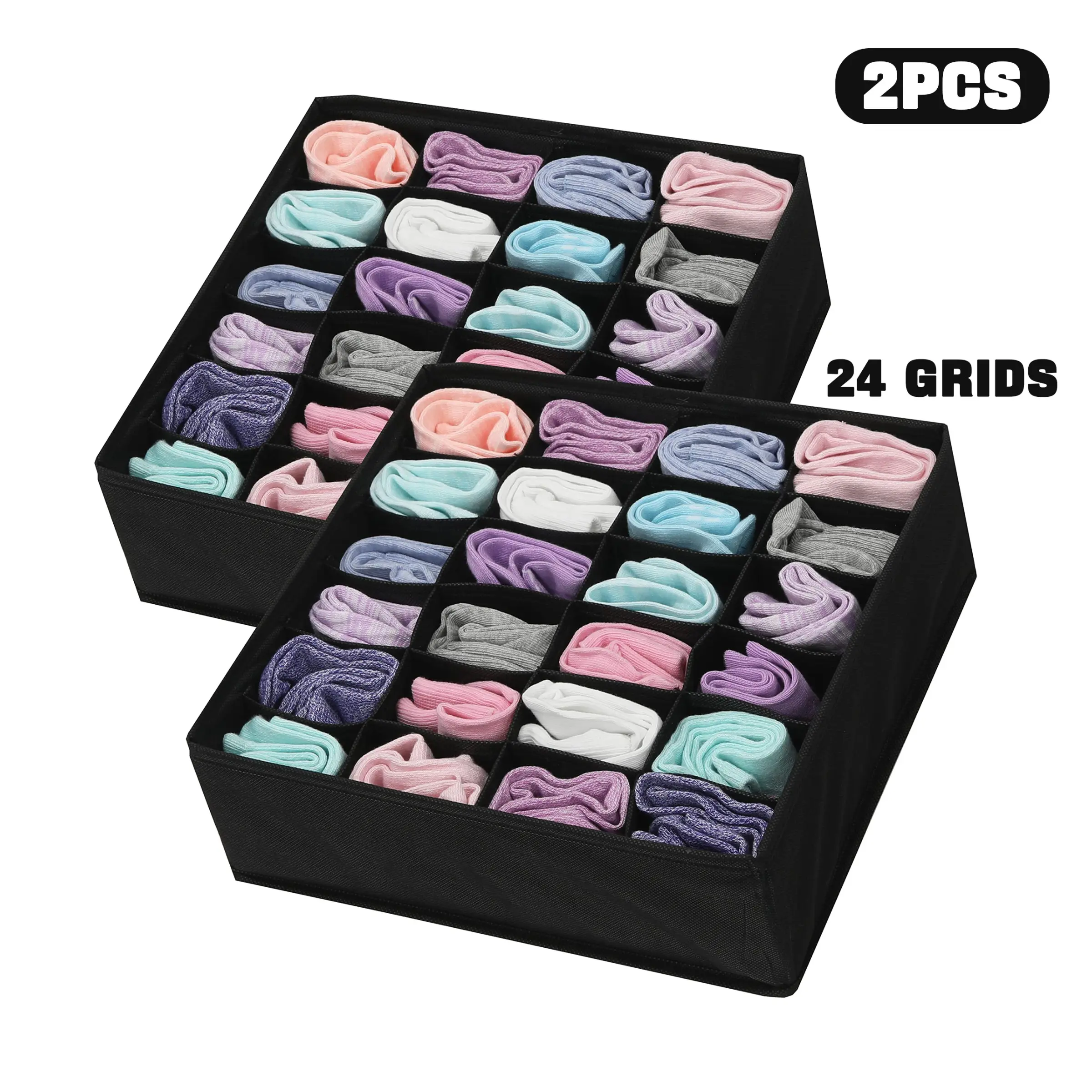 2-Pack 24-Compartment Sock Underwear Organizer, Foldable Fabric Storage Box, Collapsible Storage Organizer for Closet, Ideal for Socks, Underwear, Neckties, Compartmentalized Organizers