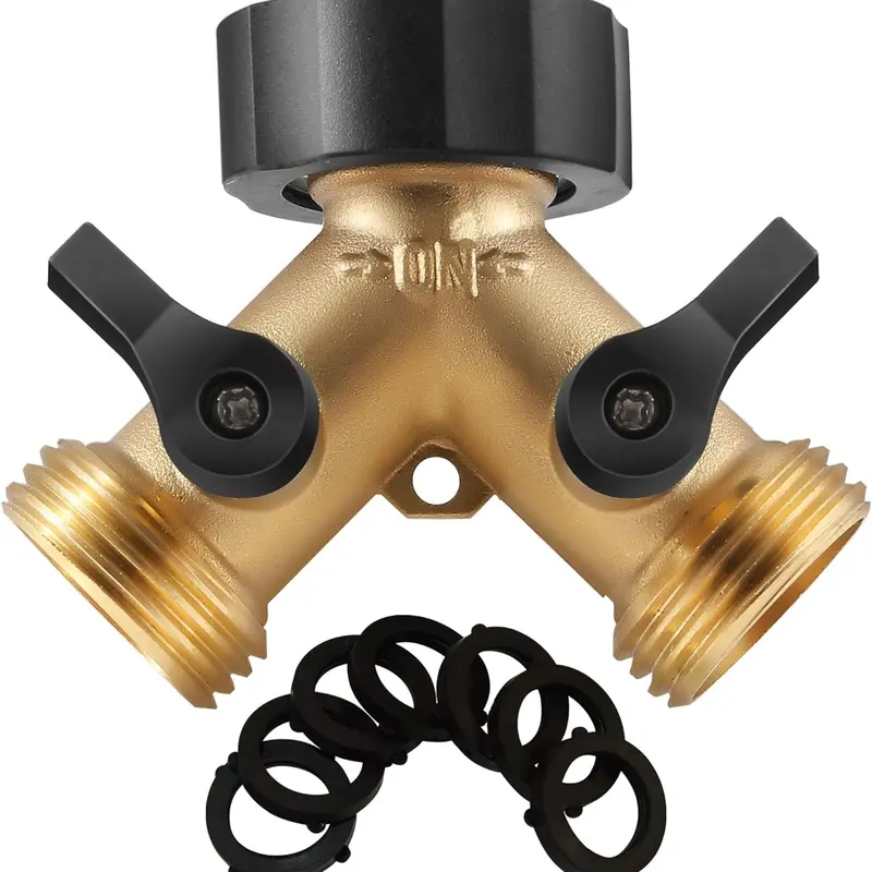 iPow Rust-Resistant Metal Brass Y-Shaped Garden Hose Splitter - 2-Way Flow Control EasyGrip Valve, 0.8MPa High Flow Leakproof, Rubber Washers, Quick Connect Fittings, Drip Irrigation Compatibility, Hassle-Free Customer Service, Outdoor Plant Care Use